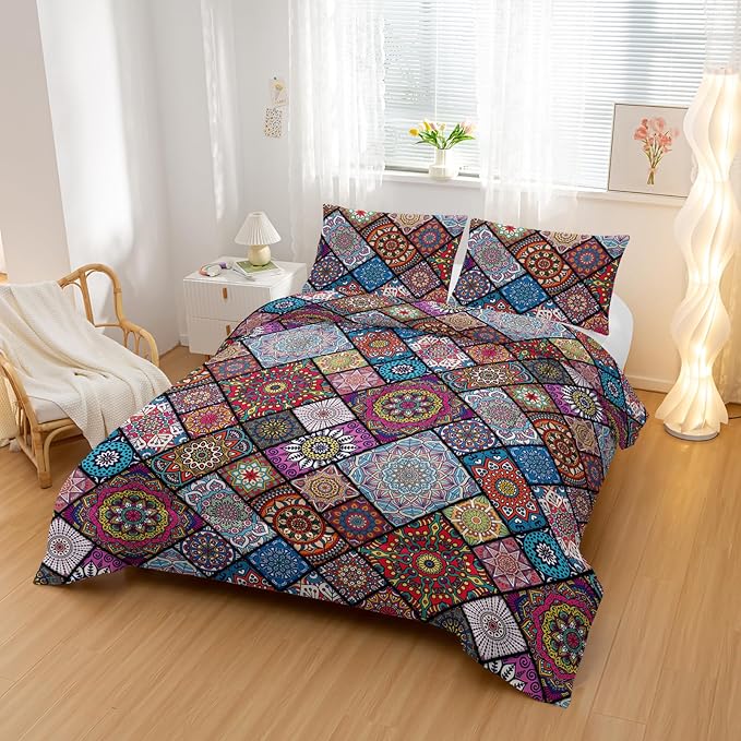 Colorful Bohemian Comforter Sets Queen Size,Retro Grid Bedding Set for Your Room,Abstract Soft Lightweight Quilted Set All Season,1 Comforter and 2 Pillowcases