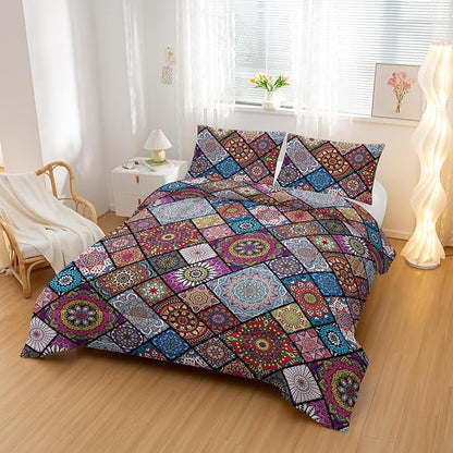 Colorful Bohemian Comforter Sets Queen Size,Retro Grid Bedding Set for Your Room,Abstract Soft Lightweight Quilted Set All Season,1 Comforter and 2 Pillowcases