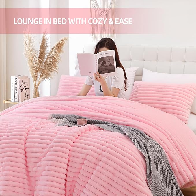 Smoofy Fluffy King Size Comforter Set 3 Pieces - Pink Fleece Fluffy Comforter Set, Luxury Fuzzy King Bedding Set, Soft King Bed Set All Season, Heavy Faux Fur Comforter with 2 Pillow Cases
