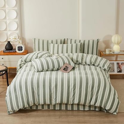 Green Striped Duvet Cover Twin Washed Cotton Boho Twin Comforter Cover Farmhouse Soft Pinstripe Patterned Duvet Cover Set with Hidden Zipper Vertical Stripe Bedding Set Teen Duvet Protector