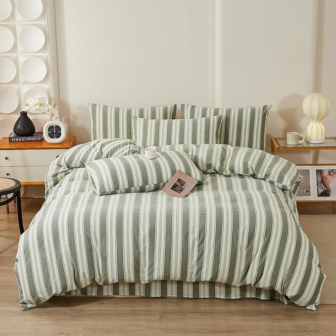 Green Striped Queen Duvet Cover Washed Cotton Boho Queen Comforter Cover Farmhouse Soft Pinstripe Patterned Duvet Cover Set with Hidden Zipper Vertical Stripe Bedding Set Teen Duvet Protector