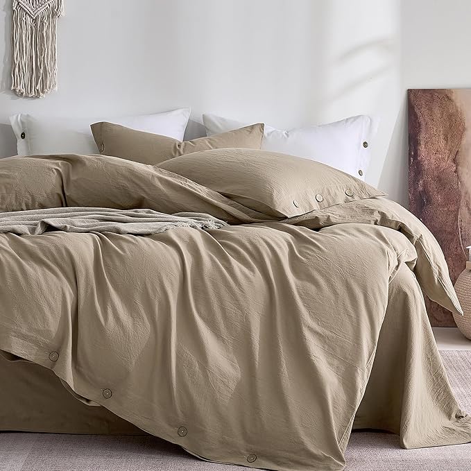 JELLYMONI 100% Washed Cotton Duvet Cover Twin – Soft, Breathable Linen-Look Bedding with Natural Wrinkle Texture, Button Closure, 2-Piece Set (Dusty Khaki, 68"x90")