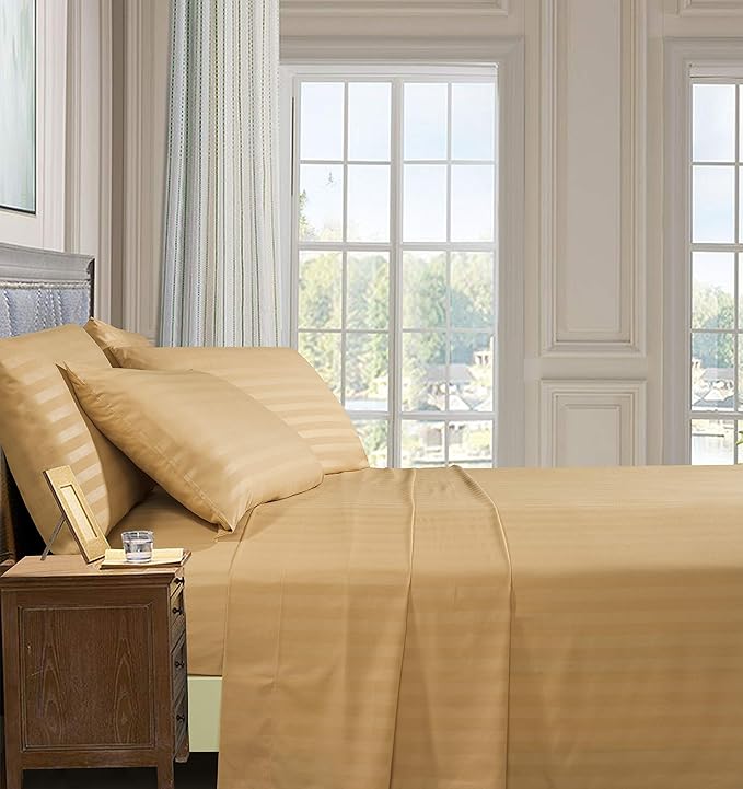 Elegant Comfort Best, Softest, Coziest 6-Piece Sheet Sets! - 1500 Premier Hotel Quality Luxurious Wrinkle Resistant 6-Piece Damask Stripe Bed Sheet Set, California King Camel/Gold