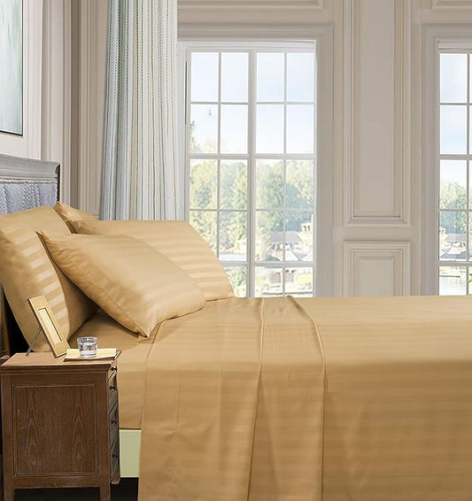 Elegant Comfort Softest and Coziest 4-Piece Sheet Set - 1500 Premium Hotel Quality Microfiber - Luxurious Wrinkle Resistant 4-Piece Damask Stripe Bed Sheet Set, Twin XL, Camel/Gold