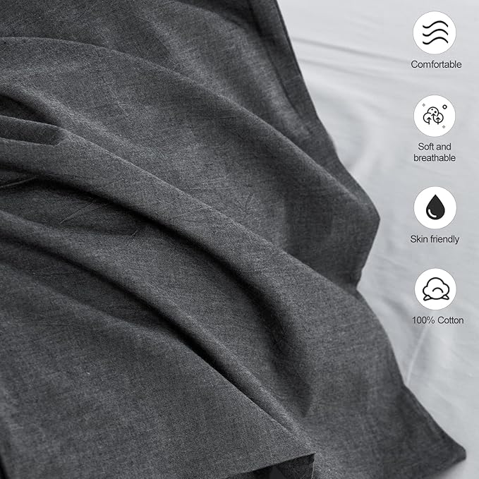 MooMee Bedding Pillowcases Pack of 2 100% Washed Cotton Linen Like Textured Breathable Durable Soft Comfy (Heathered Dark Grey, King)
