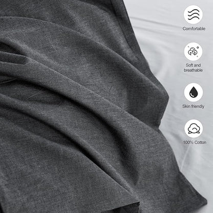 MooMee Bedding Pillowcases Pack of 2 100% Washed Cotton Linen Like Textured Breathable Durable Soft Comfy (Heathered Dark Grey, King)
