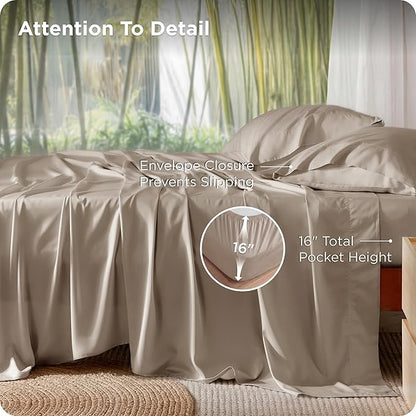 Bedsure King Size Sheets Set, Cooling Sheets for Hot Sleepers, Rayon Derived from Bamboo, PureWoven, Breathable & Soft, Deep Pocket Up to 16 Inches, Hotel Luxury Silky Bedding, Simply Taupe