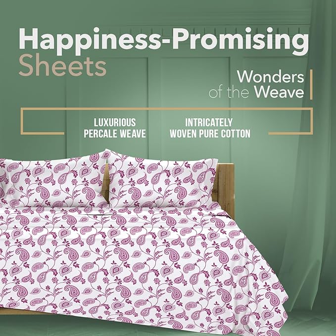 TEXAS LINEN CO. 100% Organic Cotton Printed Sheets Twin Size - 3 PC Organic Cotton Percale Sheets Twin Set (Paisley), Cooling Sheet for Dorm Room, 16" Deep Pocket Hotel Bedding - GOTS Certified