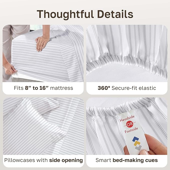 CALIFORNIA DESIGN DEN 5-Star Hotel 600 Thread Count 100% Cotton, Soft & Smooth Queen Sheet Set with Deep Pockets, Quality Beats Egyptian Cotton Claims (Ticking Stripe Grey)