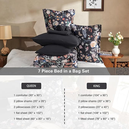 7 Piece King Comforter Set, Black Butterfly Floral Comforter Set with Flowers Leaves Pattern, Soft Microfiber Complete Bedding Set for All Season(Black, King)