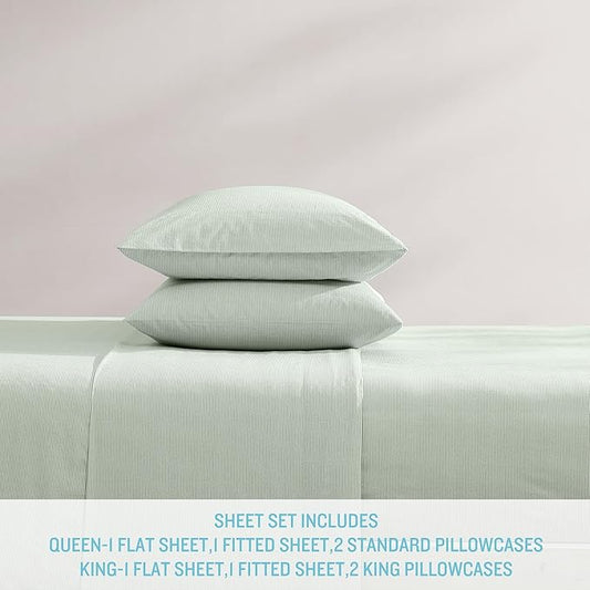 Tommy Bahama - Queen Sheets, Washed Percale Cotton Bedding Set, Soft & Breathable Bedroom Decor with Deep Pockets (Island Cays Stripe Green, Queen)