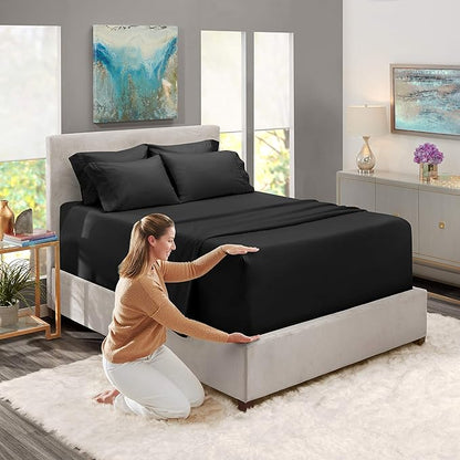 Hearth & Harbor Extra Deep Pocket Sheets - Fits Mattress 18-24 Inches Deep - Extra Deep Pocket Split King Size Sets - 7 Piece Split King Size - Black