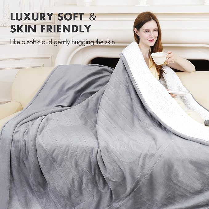 Electric Blanket Throw 50" x 60" - Soft Flannel Sherpa Heated Blanket Throw with 5 Heating Levels & 4 Hours Auto Off, Electric Lap Blanket as a Gift for Grandma, Machine Washable (Grey)
