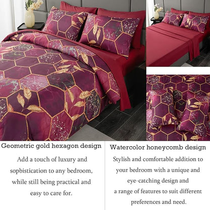 ANGIYUIN 7 Pcs Burgundy and Gold Queen Comforter Sets Print Hexagon Honeycomb Bed in A Bag, 3D Marble Watercolor Comforter Bedding Sets, Geometric Gold Trim Bed Sets with Sheets(Burgundy, Queen)