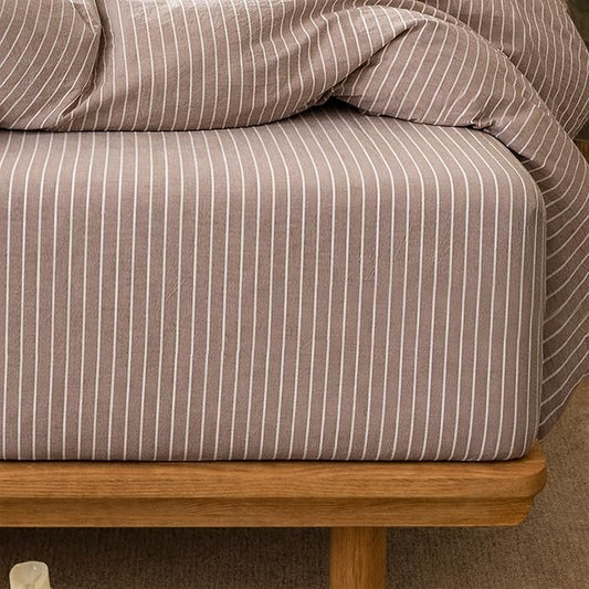 MooMee Stripes Fitted Bottom Sheet Only 100% Washed Cotton Linen Like Textured Breathable Durable Soft Comfy Deep Pocket (Orange White Wide Stripes, King)