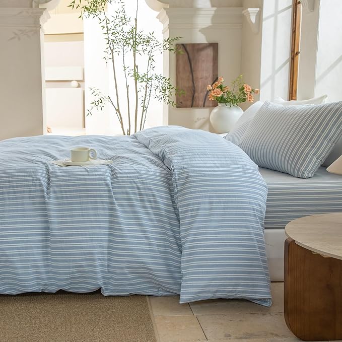 Luxury 100% Washed Cotton Linen Like Duvet Cover Set,3 Pcs Striped Duvet Cover with Zipper Closure(Strip-Cornflower Blue/White,Full)