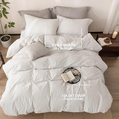 Stripe Duvet Cover King Size 104inch x 90inch, 100% Washed Cotton Linen Feel Duvet Cover, Pinstripe Duvet Cover with Zipper Closure and 2 Pillowcases, Color of White-Dark Grey Stripe