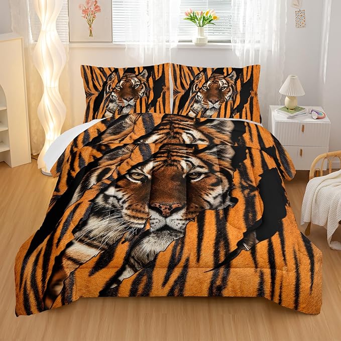Mighty Tiger Comforter Sets Queen Size,Animal Bedding Set for Your Room,Tiger Fur Soft Lightweight Quilted Set All Season,1 Comforter and 2 Pillowcases