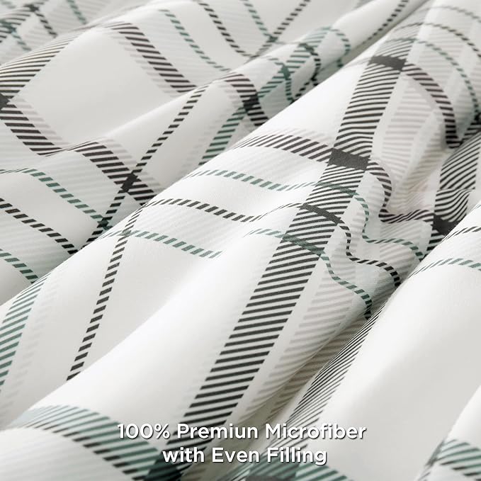 Andency Green White Plaid Comforter Set Queen(90x90Inch), 3 Pieces Preppy Grid Gingham Stripes Bedding Comforter Sets for Boys Girls Kids, Green Line Soft Lightweight Geometric Reversible Bed Set