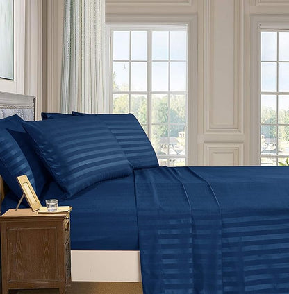Elegant Comfort Best, Softest, Coziest 6-Piece Sheet Sets! - 1500 Premier Hotel Quality Luxurious Wrinkle Resistant 6-Piece Damask Stripe Bed Sheet Set, California King Navy Blue