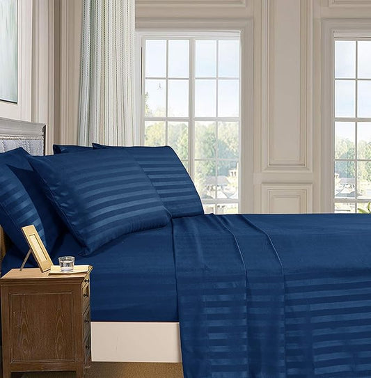 Elegant Comfort Softest and Coziest 4-Piece Sheet Set - 1500 Premium Hotel Quality Microfiber - Luxurious Wrinkle Resistant 4-Piece Damask Stripe Bed Sheet Set, Twin, Navy Blue