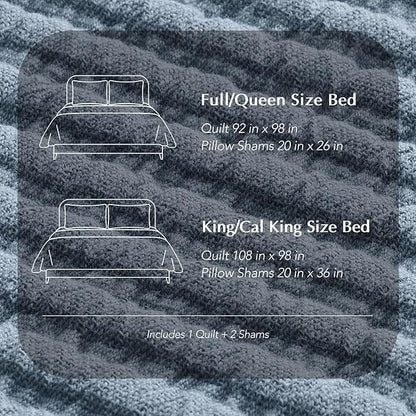 EVERGRACEHOME Cotton Coverlet Set King Size 3 Pieces, Lightweight Soft Ribbed Matelassé Bedspread Quilt Set, Cozy Oversized Quilted Bedding Set with 2 Pillow Shams for All Seasons, Blue Linen