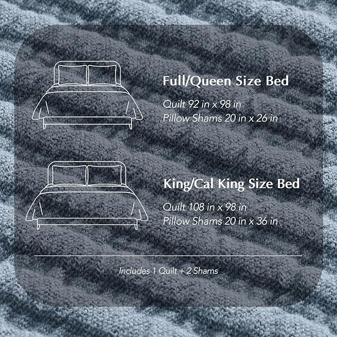 EVERGRACEHOME Cotton Coverlet Set Full Queen Size 3 Pieces, Lightweight Soft Ribbed Matelassé Bedspread Quilt Set, Cozy Oversized Quilted Bedding Set with 2 Pillow Shams for All Seasons, Blue Linen