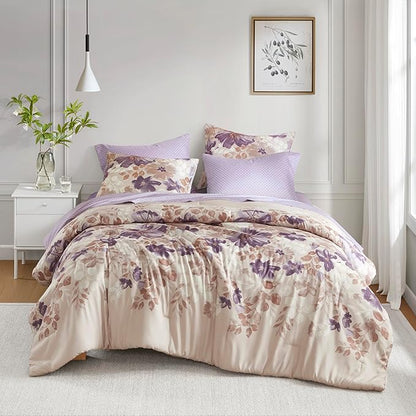 Madison Park Essentials Queen Comforter Set with Sheets, Floral Bed in A Bag Microfiber Comforter, Shabby Chic Queen Bedding Set Diamond Printed Sheet, Luna, Taupe 7 Piece