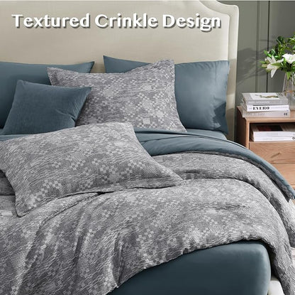 MaiRêve Full Size Comforter Set Navy Blue, Crinkle Textured Design Bedding Set 7 Pieces Bed in A Bag, All Season Farmhouse Comforter Set with Sheets, Pillowcases & Shams