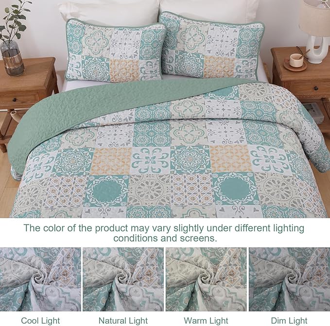Dobuyly Patchwork Quilt Set Queen Size 3 Pieces Sage Green Yellow Boho Plaid Bedspreads, Summer Plaid Floral Coverlet Set, Soft Lightweight Microfiber Quilted Bedding Set for All Seasons 96"x90"