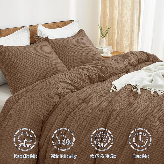 PHF Ultra Soft Waffle Weave Comforter Set Queen Size, 3 Pieces Lightweight Breathable Comfy Bedding Set, Comfy Textured 1 Comforter with 2 Pillow Shams, Mocha