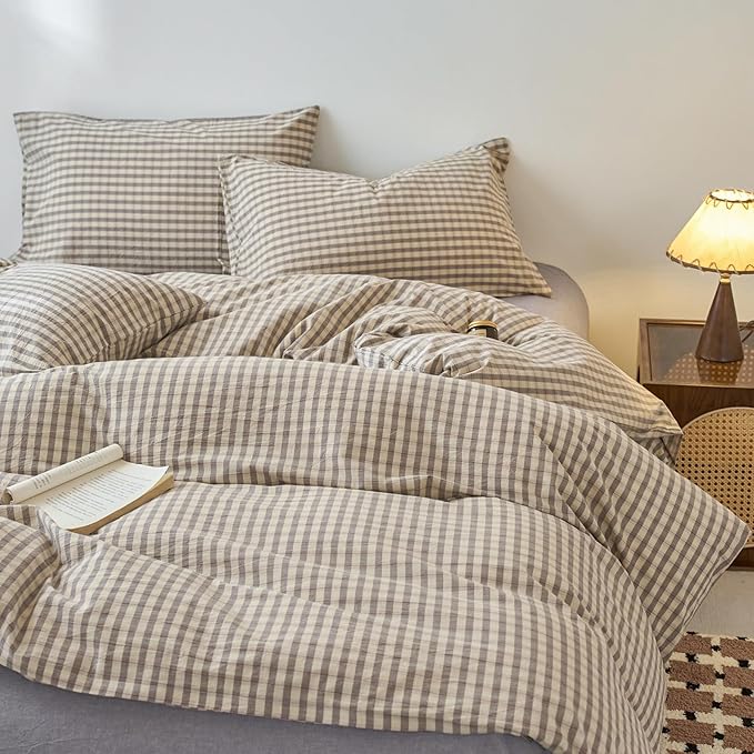 EAVD Vintage Style Grey Plaid Duvet Cover King Soft 100% Washed Cotton Chic Grey Checkered Gingham Bedding Set with 2 Pillowcases Farmhouse Gingham Duvet Cover with Zipper Closure