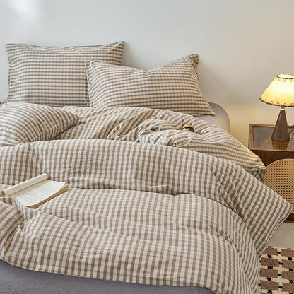 EAVD Vintage Style Grey Plaid Duvet Cover King Soft 100% Washed Cotton Chic Grey Checkered Gingham Bedding Set with 2 Pillowcases Farmhouse Gingham Duvet Cover with Zipper Closure