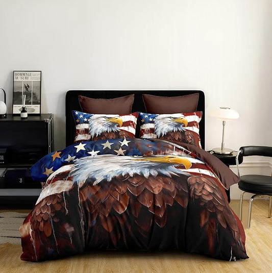 Camouflage American Flag Comforter Set Queen, Brown Vintage Eagle Print Soft Bedding Set for Adult,3Piece Wildlife Animal Lightweight Comforter with 2 Pillowcases,68 * 86/Brown White Blue