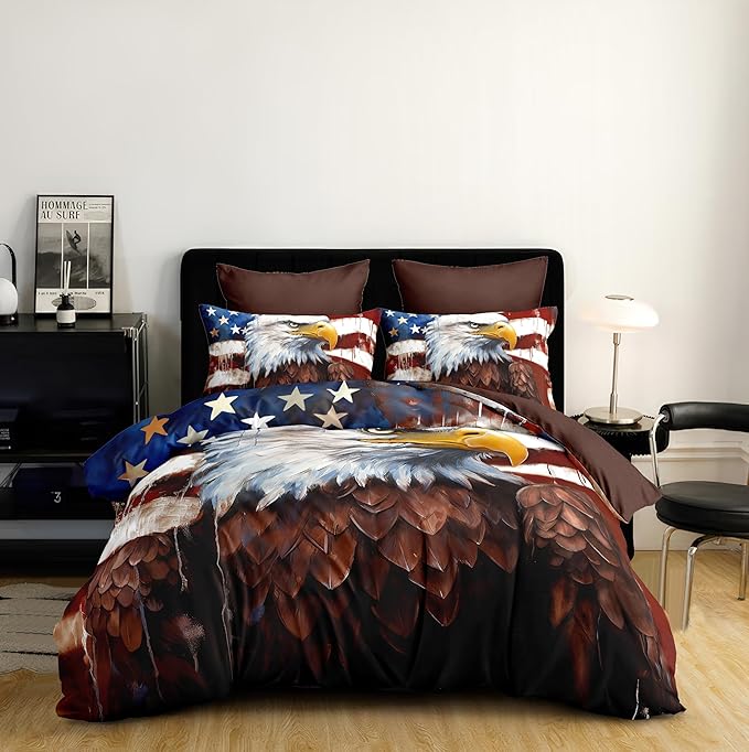 American Eagle Comforter Set King,USA Flag Bedding Set Camouflage Wildlife Animal Bird Decor Comforter 3Piece Soft Lightweight Summer Quilt Set with 2 Pillowcases,Brown