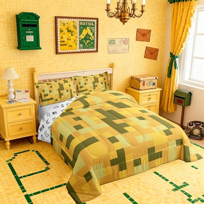 Pixelated Blocks MinersComforter Set King Size,Video Games Cartoon Gamepad Kids Bedding Set,Army Camouflage Game Quilt Comforter,Yellow Green Duvet Insert,2 Pillowcases