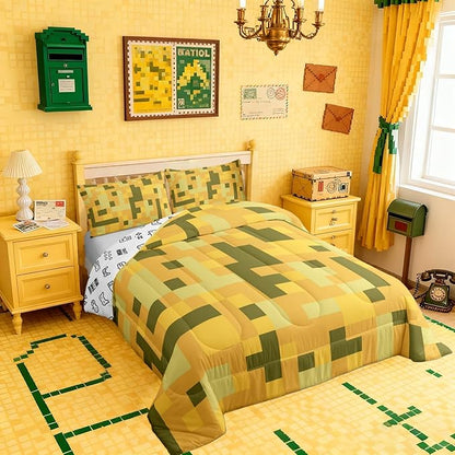 Pixelated Blocks Miners Kids Bedding Set Queen Size,Video Games Cartoon Gamepad Comforter Set，Army Camouflage Game Quilt Comforter,Yellow Green Bedroom Duvet Insert,2 Pillowcases