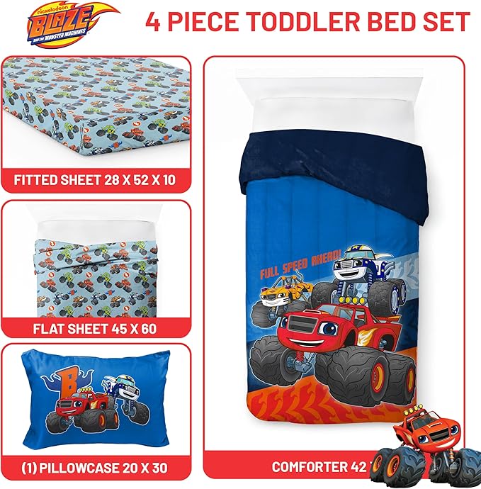 Jay Franco Kids Comforter Set Includes Sheets and Pillow Covers - Soft and Cozy Bed Set for Stylish Room Decor, Blue - Blaze and The Monster Machines, 4 Piece Toddler Size Bedding