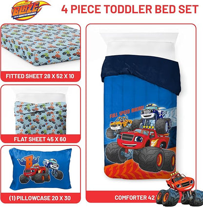 Jay Franco Kids Comforter Set Includes Sheets and Pillow Covers - Soft and Cozy Bed Set for Stylish Room Decor, Blue - Blaze and The Monster Machines, 4 Piece Toddler Size Bedding