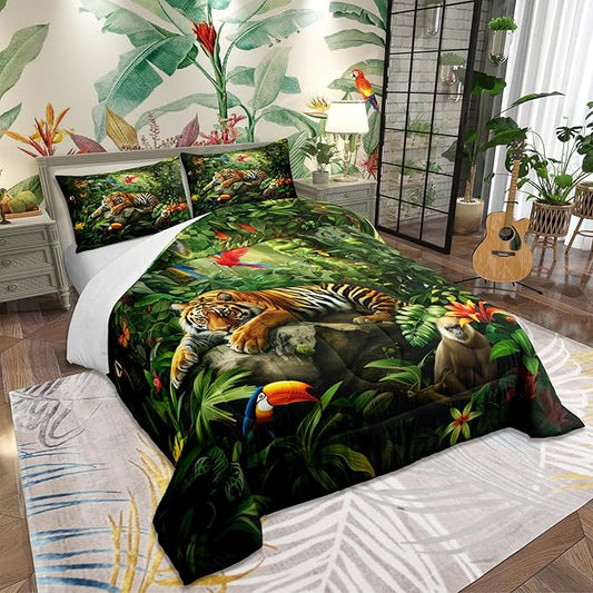 3D Tiger Comforter Set Full Size,Monkey Parrot Wild Animals Bedding Set,Tropical Palm Tree Jungle Quilt Set for Kids Boys Girls Adult Bedroom Decor,Nature Wildlife Theme Duvet Insert,2 Pillowcases