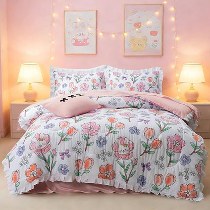 A Nice Night 6 Piece Comforter Set Bed in a Bag with Comforter & Sheet Set,Chic Cute Rabbits Bow Printed Bedding Sets,Princess Ruffle Bedding for Kids Girls,Queen