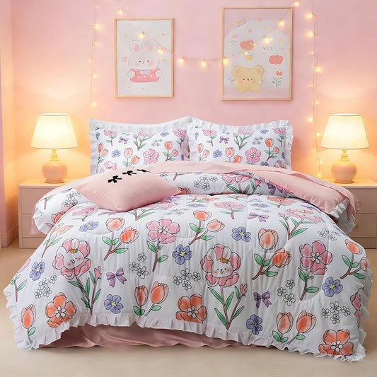 A Nice Night 6 Piece Comforter Set Bed in a Bag with Comforter & Sheet Set,Chic Cute Rabbits Bow Printed Bedding Sets,Princess Ruffle Bedding for Kids Girls,Queen