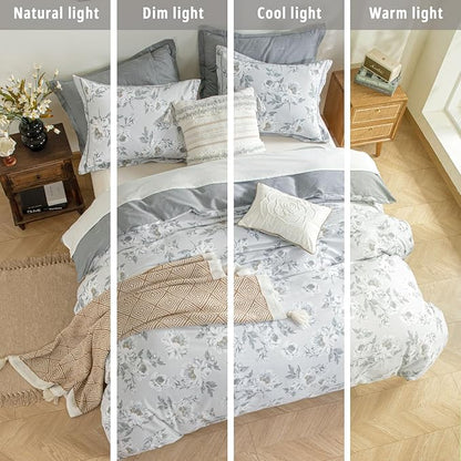 Floral Cotton Comforter King Size - Light Grey Comforter Printed with Vintage Ivory Flowers & Dark Yellow Stamens,Reversible Lightweight Bedding Sets 3Pcs(104"×90")