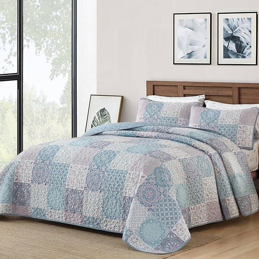 Dobuyly Quilt Set King Size, Light Blue/Pink Patchwork Bedspread 3 Pieces, Boho Plaid Summer Coverlet Set, Soft Lightweight Quilt Bedding Set for All Seasons 110"x90"