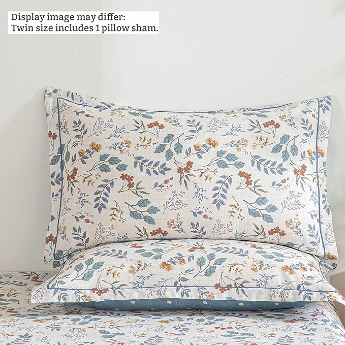 Botanical Cotton Comforter Twin Size - Lake Green Comforter with Dusky Blue & Warm Rust Leaves on Ivory,Reversible Lightweight Bedding Sets 2Pcs(Polka Dot,68"×90")