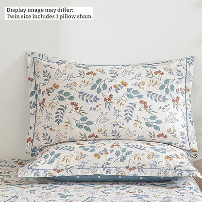 Botanical Cotton Comforter Twin Size - Lake Green Comforter with Dusky Blue & Warm Rust Leaves on Ivory,Reversible Lightweight Bedding Sets 2Pcs(Polka Dot,68"×90")