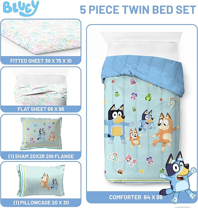 Jay Franco Kids Comforter Set Includes Sheets and Pillow Covers - Soft and Cozy Bed Set for Stylish Room Decor, Blue - Bluey 5 Piece Twin Size Bedding