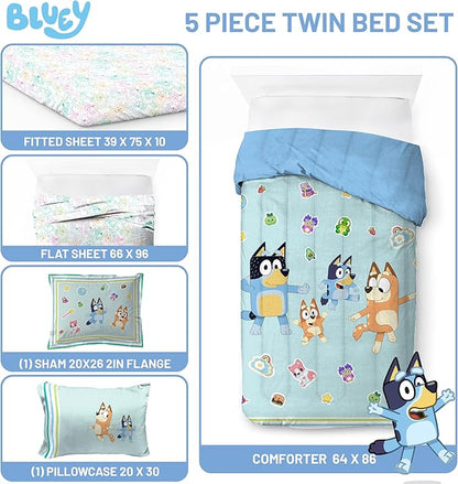 Jay Franco Kids Comforter Set Includes Sheets and Pillow Covers - Soft and Cozy Bed Set for Stylish Room Decor, Blue - Bluey 5 Piece Twin Size Bedding