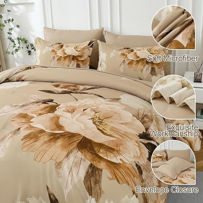 Dobuyly Full Size Comforter Set 7 Piece Bed in a Bag Full, Taupe Floral Printed on Khaki Fall Comforter Set with Sheets, Soft Microfiber Farmhouse Complete Bedding Set for All Season