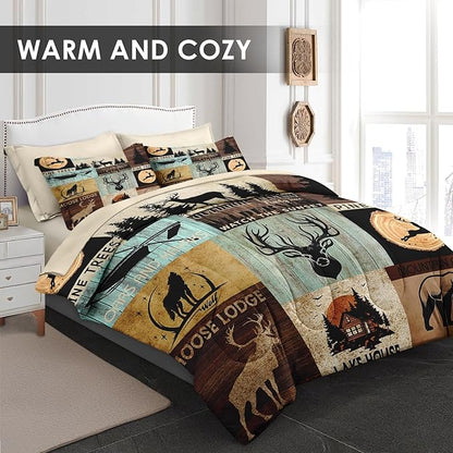 7 Pcs Queen Size Comforter Set with 2 Pillowcases & 2 Shams, Bear Wolf Tree Woodboard Bedding for Kids and Adults, Pine Animal Hunting Deer Bed in a Bag with Flat Fitted Sheet